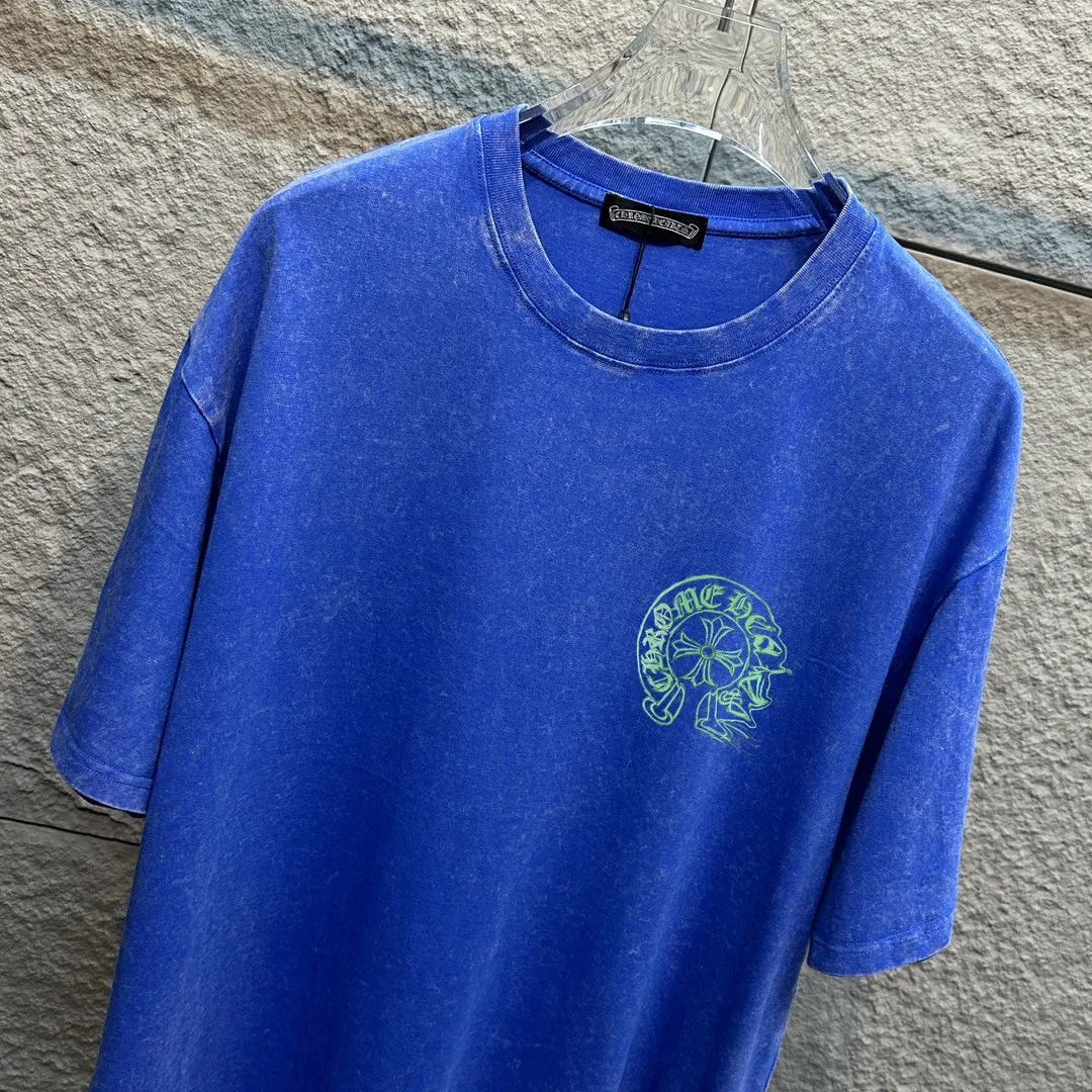 🅿️180 CH* Crow Heart* 2025 spring and summer new style Snowflake distressed washed retro round neck short sleeves Chest and front logo Horseshoe print Customized fabric Short-sleeved T-shirt Unisex Size: S M L XL XXL Color: Snowflake Black Snowflake Gray Snowflake Pink Snowflake Blue